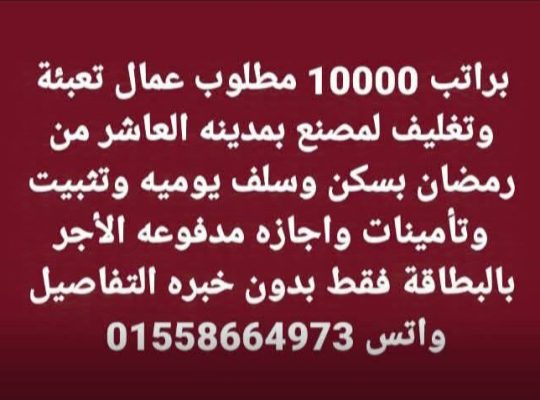 براتب 10000 مطلوب عمال تعبئة وتغليف لمصنع