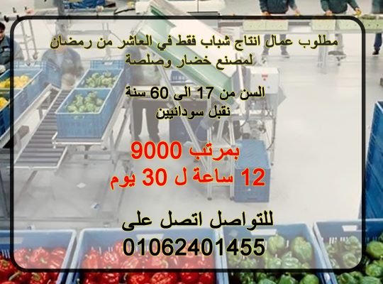 مطلوب عمال انتاج لمصنع خضار و صلصة بالعاشر من
