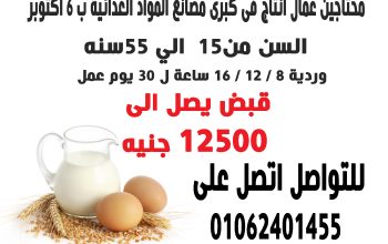 مطلوب فى كبرى المصانع الغذائية ٦ اكتوبر